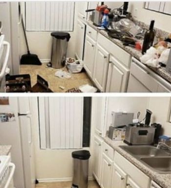 Cluttered kitchen counter and floor before cleaning, with cabinets, sink, and trash can beside the window