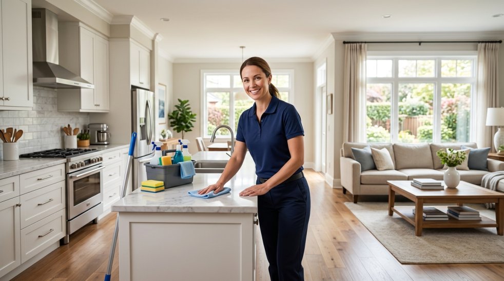 Professional cleaner wiping kitchen island in a bright modern home with cleaning supplies nearby